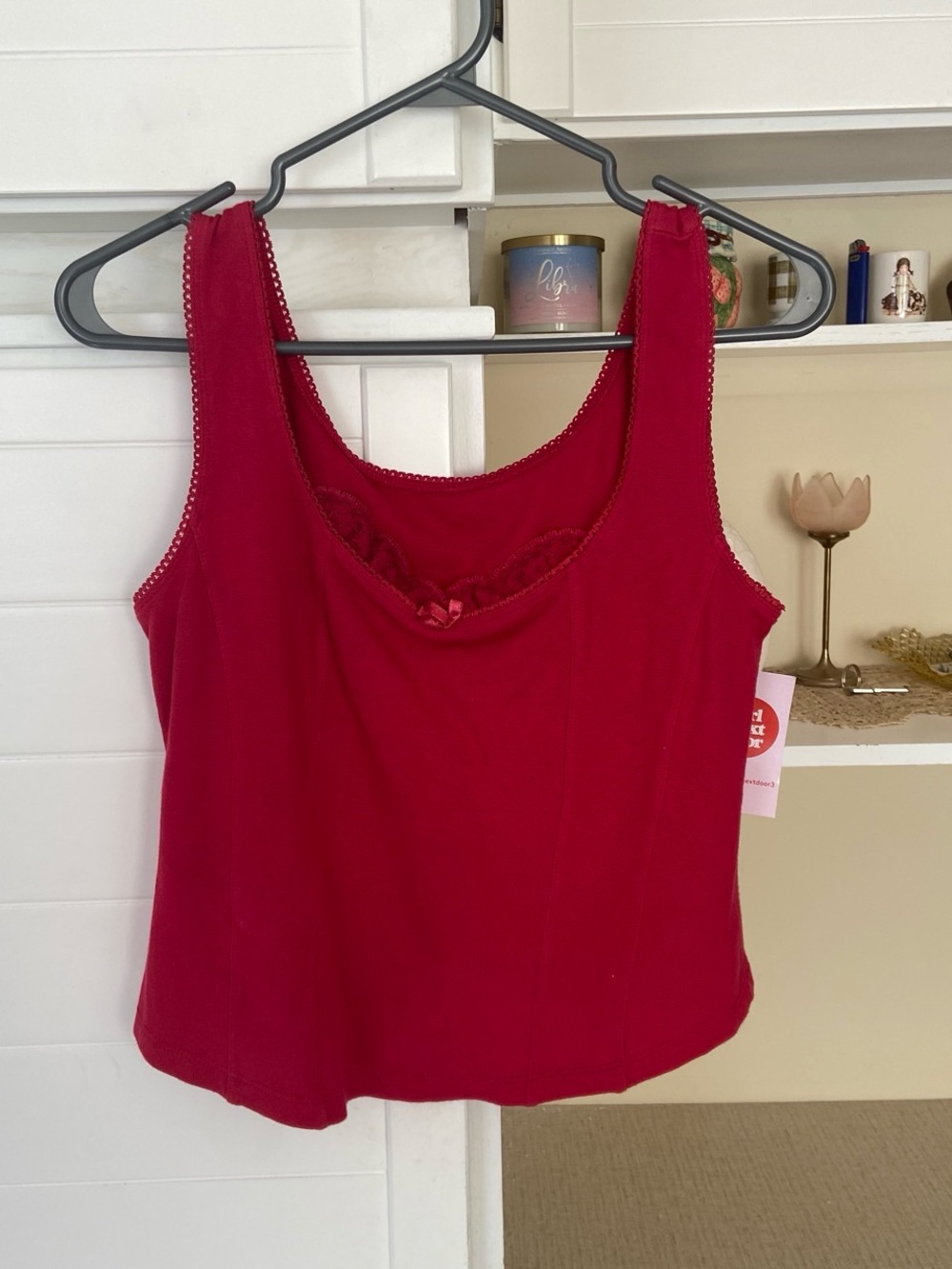 Vintage Red lace trim tank top with bow detail